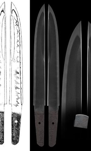 This type of blade is called kanmuri otoshi. It is found mostly on naginata swords, but occasionally also on tantō, wakizaschi or katana blades. The picture shows a sword again with suguha hardening and utsuri effect. The utsuri is a shadow over the hamon and occurs as a secondary effect of the hardening.