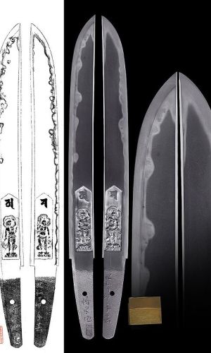 Blade tantó in the style of kata kiri ha. This blade design has a shinogi rib perched very low above the blade line on one side, and is shaped like a hira zukuri on the other. There may also be blades that have the other side shaped like a shinogi zukuri or otherwise.