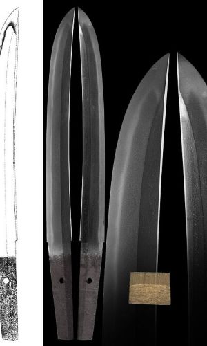 This is ó tantó shóbu zukuri. This type of blade is like a hira zukuri but has a longitudinal shinogi rib. Hardening is suguha with ashi.